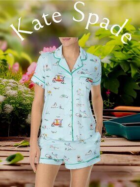 NWT - KATE SPADE - DOGS AND BUNNIES PLAY GOLF PRINT- SHORTS PAJAMA SET - SIZE XL